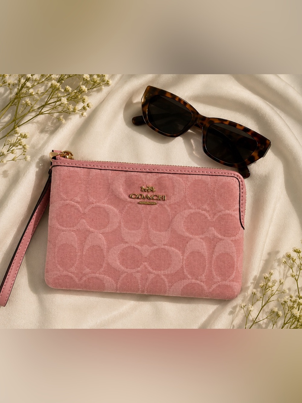 Coach Pink Denim Signature Wristlet Pouch NWT Packaged